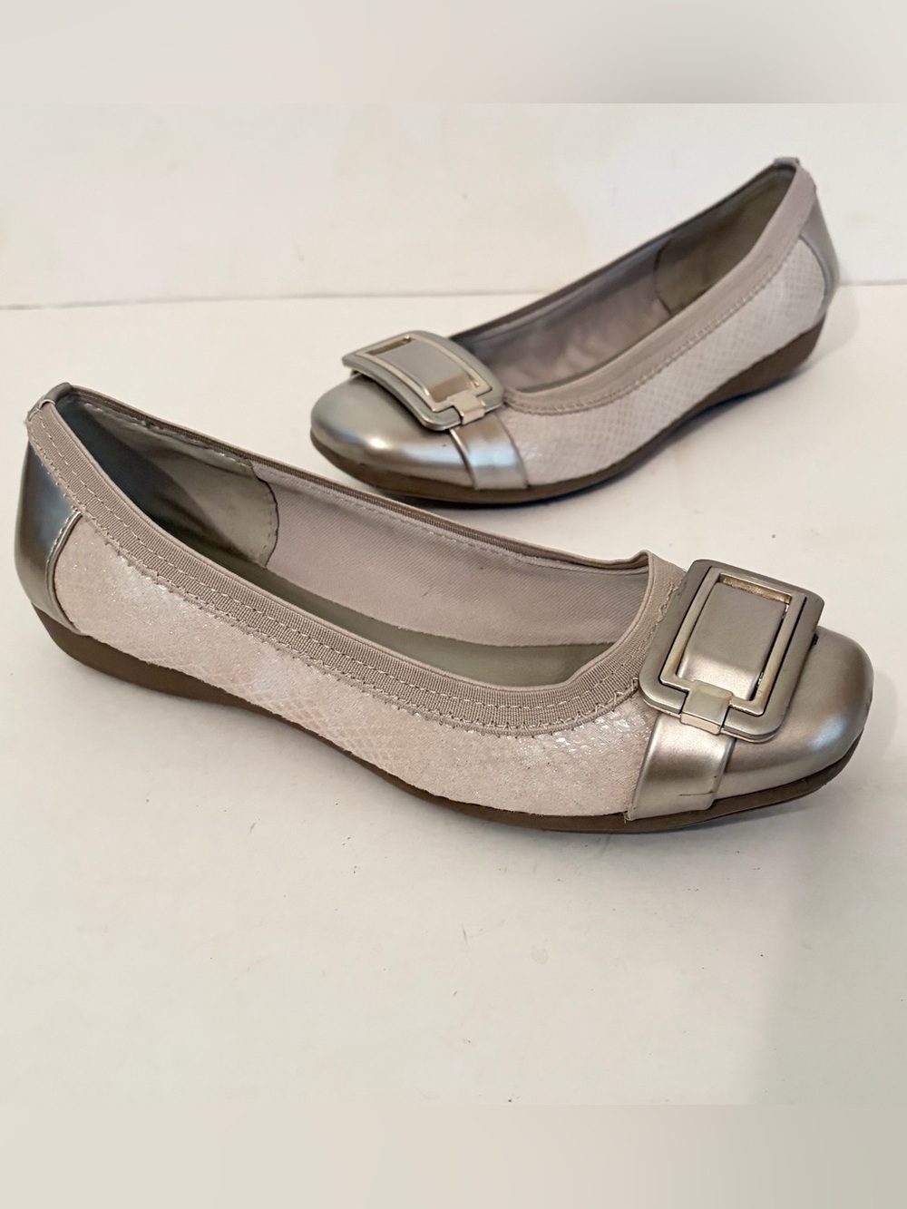 Anne Klein iflex Unice Flats Champagne Reptile with Pewter & Silver Accents